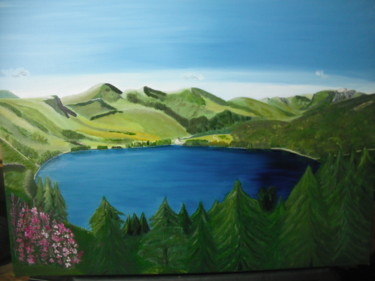 Painting titled "LAC  de GUERY" by Marie France Philibert Zamai, Original Artwork, Oil Mounted on Wood Stretcher frame