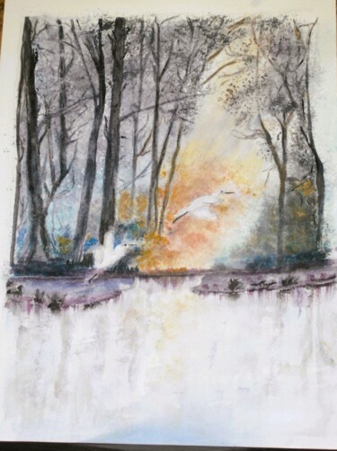Painting titled "ENVOL DES AIGRETTES…" by Marie France Philibert Zamai, Original Artwork, Watercolor Mounted on Cardboard
