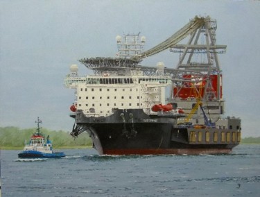 Schilderij getiteld "Kraanschip "Oleg St…" door Frits Janse, Origineel Kunstwerk, Olie