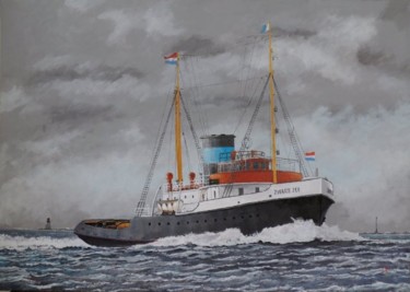 Schilderij getiteld "Sleepboot Zwarte Ze…" door Frits Janse, Origineel Kunstwerk, Olie