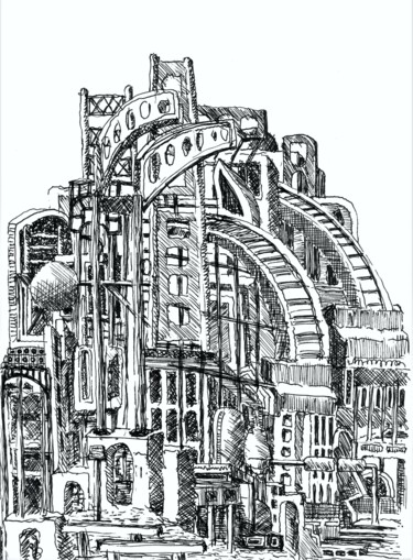 Tekening getiteld "city" door Frits Sergeant, Origineel Kunstwerk, Inkt