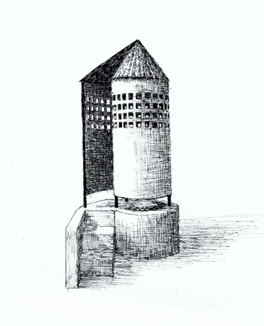 Tekening getiteld "watchtower" door Frits Sergeant, Origineel Kunstwerk, Inkt