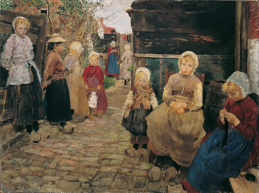 Pittura intitolato "Enfants pêcheurs à…" da Fritz Von Uhde, Opera d'arte originale, Olio