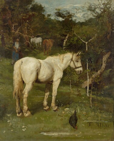 Картина под названием "Un cheval blanc" - Fritz Von Uhde, Подлинное произведение искусства, Масло