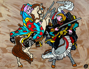 Painting titled "Combat de samourais…" by Frob, Original Artwork, Acrylic Mounted on Wood Stretcher frame