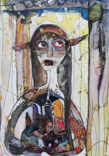 Collages titulada ""Dans ma cage dorée"" por Christelle Frobert, Obra de arte original, Acuarela