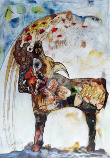 Collages intitolato ""Crier au loup"" da Christelle Frobert, Opera d'arte originale, Matita