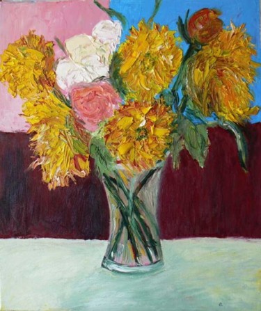 Schilderij getiteld "Dahlias" door Renée Froquet Ughetti, Origineel Kunstwerk