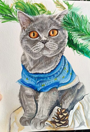 Painting titled "Котику" by Ftvladi_art, Original Artwork, Watercolor