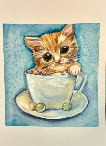 Painting titled "Ginger cat" by Ftvladi_art, Original Artwork, Watercolor
