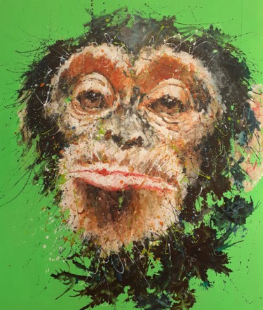 Pittura intitolato "Scimpanzè nel verde" da Simona Fumagalli, Opera d'arte originale, Acrilico