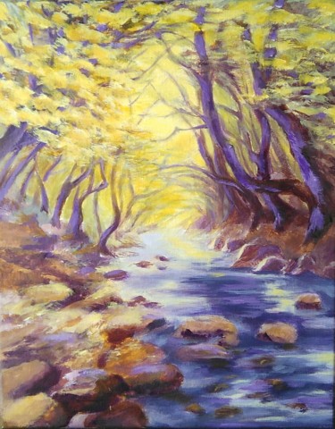 Painting titled "paysage-jaune-violet" by Véronique Roncin, Original Artwork, Acrylic