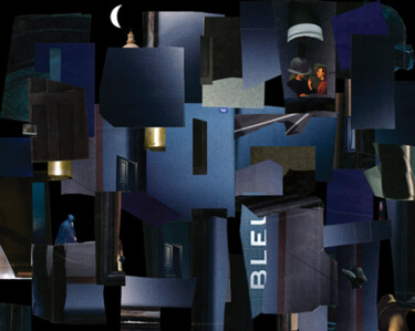 Collages getiteld "Minuit" door François-Xavier Lagey, Origineel Kunstwerk, Collages Gemonteerd op Frame voor houten brancard