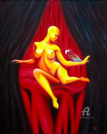 Painting titled "Odalisque au Perroq…" by G.Aime, Original Artwork, Oil