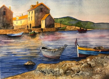 Peinture intitulée "Village de pêcheur…" par Guillaume Flouriot, Œuvre d'art originale, Aquarelle