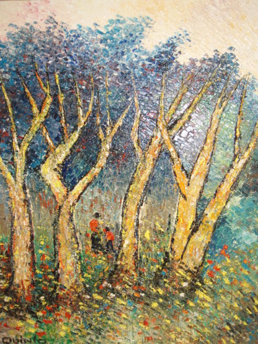 Malerei mit dem Titel "Dans les bois" von G.R.Quinio, Original-Kunstwerk, Öl