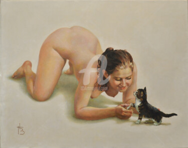 Painting titled "Masha and kitty" by Gennady Zmitrovich, Original Artwork, Oil