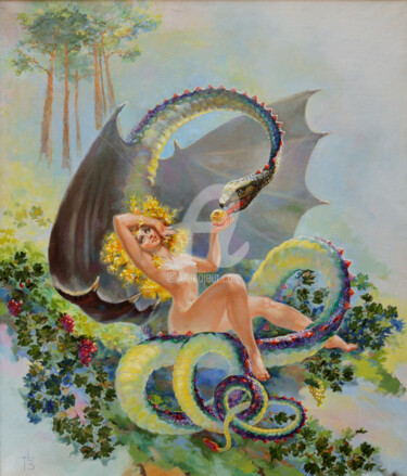 Painting titled "Eve with a snake" by Gennady Zmitrovich, Original Artwork, Oil