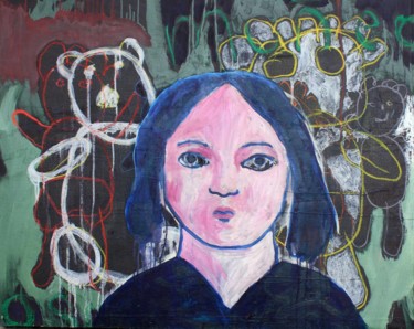 Peinture intitulée "Girl with bears and…" par Gabo Mendoza, Œuvre d'art originale, Huile