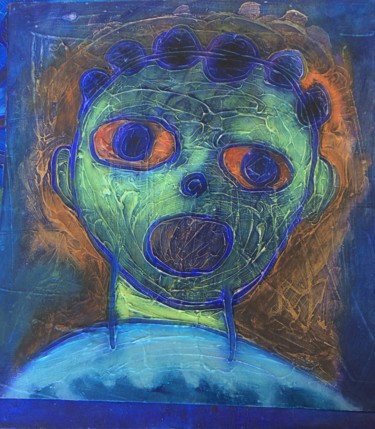 Painting titled "Face in green and b…" by Gabo Mendoza, Original Artwork, Oil