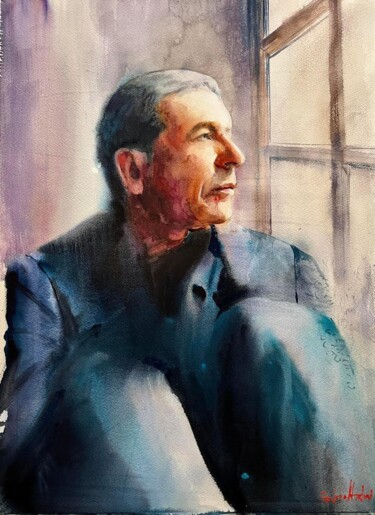Peinture intitulée "Leonard Cohen" par Gabriel Andrei, Œuvre d'art originale, Aquarelle