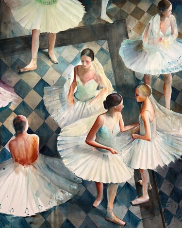 Peinture intitulée "Group of  ballerinas" par Gabriel Andrei, Œuvre d'art originale, Aquarelle