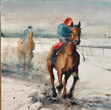 Картина под названием "Carrera de caballos" - Gabriel Andrei, Подлинное произведение искусства, Акварель