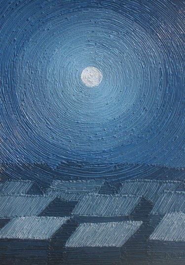 Peinture intitulée "Toits sous la lune" par Gabriel Baptiste, Œuvre d'art originale, Huile