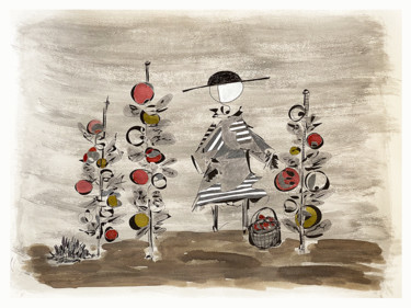 Dessin intitulée "le champ de tomates" par Tomé, Œuvre d'art originale, Encre