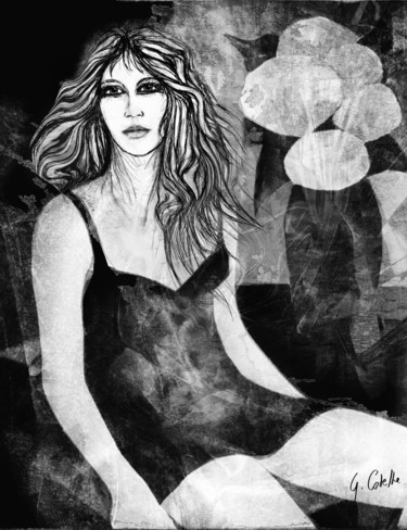 Dessin intitulée "La fille au bouquet…" par Gabriel Cotelle, Œuvre d'art originale, Crayon