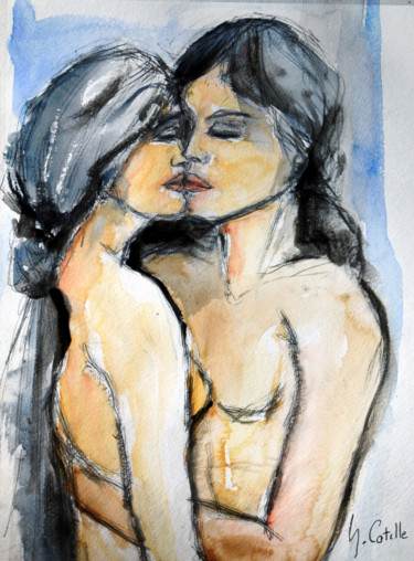 Painting titled "Amour ici, maintena…" by Gabriel Cotelle, Original Artwork, Watercolor