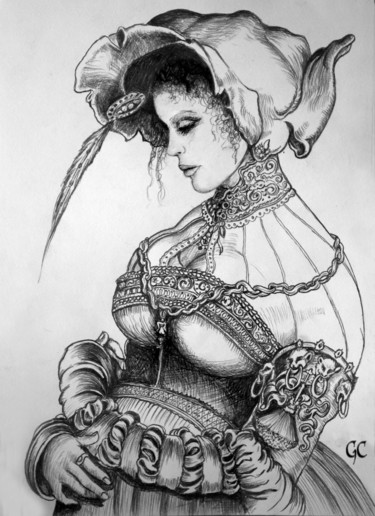 Drawing titled "Jeune femme en cost…" by Gabriel Cotelle, Original Artwork, Pencil