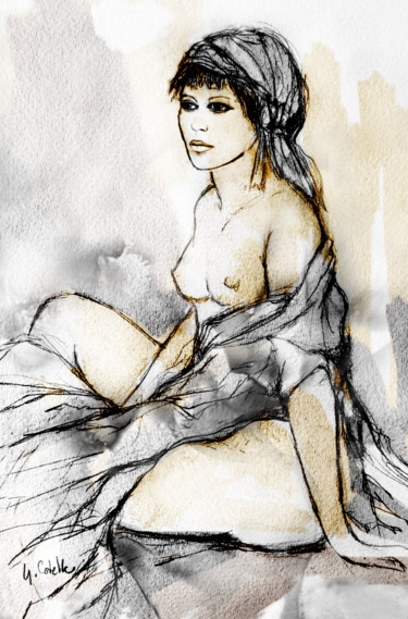 Drawing titled "Le foulard" by Gabriel Cotelle, Original Artwork, Ink