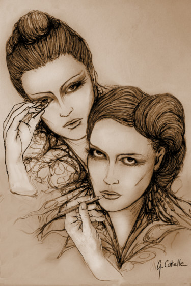 Drawing titled "Maquillage en duo" by Gabriel Cotelle, Original Artwork, Pencil