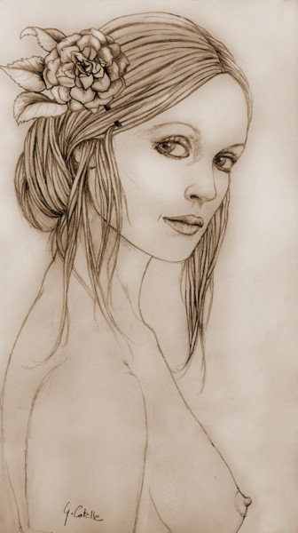 Dessin intitulée "La Dame au camélia" par Gabriel Cotelle, Œuvre d'art originale, Crayon