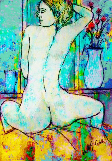 Tekening getiteld "Le vase aux fleurs…" door Gabriel Cotelle, Origineel Kunstwerk, Gouache