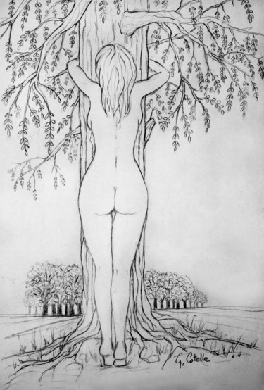 Dessin intitulée "Auprès de mon arbre…" par Gabriel Cotelle, Œuvre d'art originale, Crayon