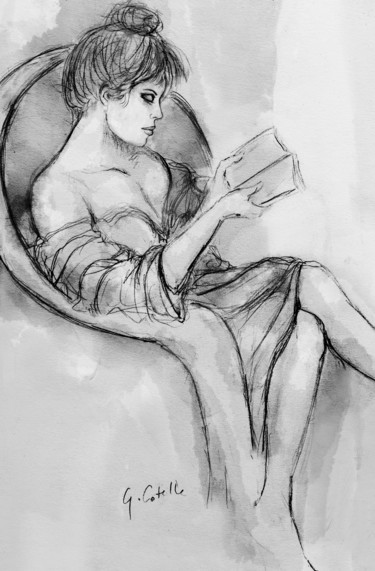 Drawing titled "La liseuse assoupie" by Gabriel Cotelle, Original Artwork, Pencil