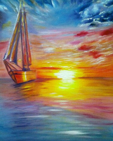 Painting titled "Seascape with yacht" by Gabriela Enso, Original Artwork, Oil