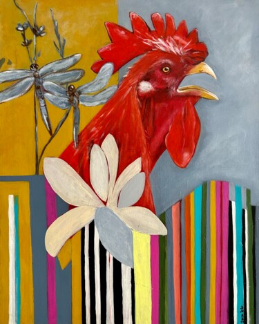 Painting titled "Rooster" by Gabriela Meyermann, Original Artwork, Acrylic Mounted on Wood Stretcher frame