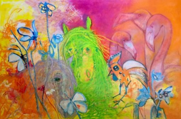 Painting titled "The green horse" by Gabriela Meyermann, Original Artwork, Oil