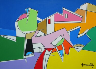 Peinture intitulée "Mga bahay sa burol" par Gabriele Donelli, Œuvre d'art originale, Acrylique