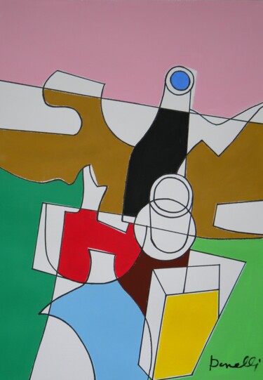 Painting titled "Bouteille, verre et…" by Gabriele Donelli, Original Artwork, Acrylic