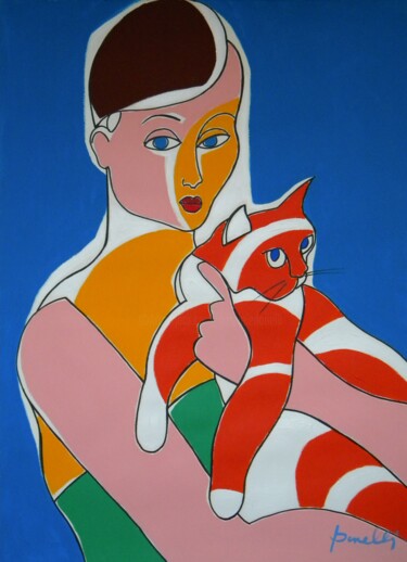 Malerei mit dem Titel "Fille avec chat" von Gabriele Donelli, Original-Kunstwerk, Acryl