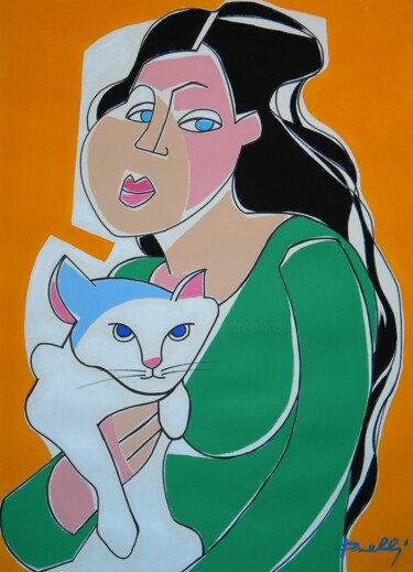 Painting titled "Girl with cat" by Gabriele Donelli, Original Artwork, Acrylic