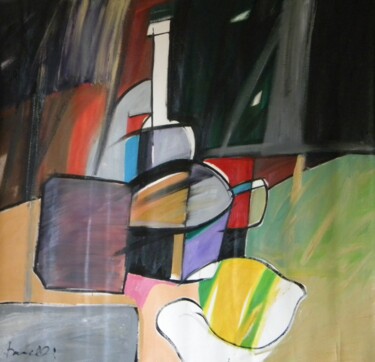 Pittura intitolato "Bottiglia, tazza, l…" da Gabriele Donelli, Opera d'arte originale, Olio