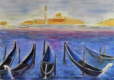 Pintura intitulada "Gondeln vor Venedig…" por Gabriele Schewe, Obras de arte originais, Aquarela