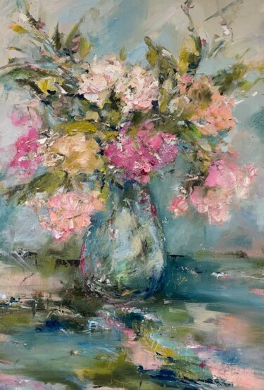 Painting titled "Hydrangeas" by Gabriel Knollys, Original Artwork, Oil Mounted on Wood Stretcher frame