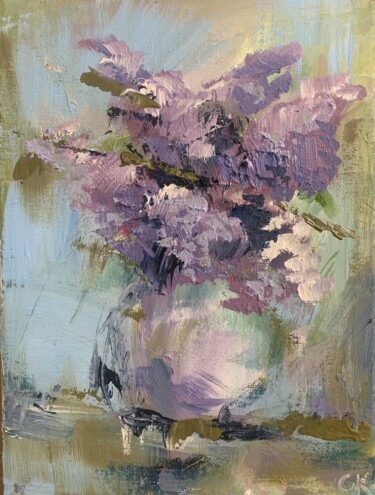 Painting titled "Lilac Blossom" by Gabriel Knollys, Original Artwork, Oil Mounted on Wood Stretcher frame