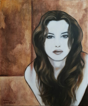 Painting titled "Monica Bellucci, Mi…" by Gabriella Molnár, Original Artwork, Oil Mounted on Wood Stretcher frame